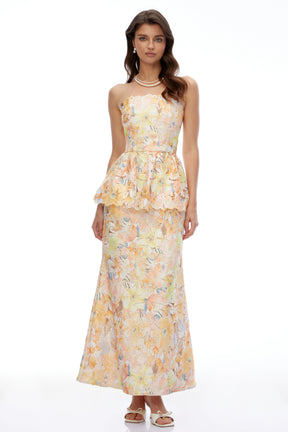 Celeste Orange Floral Strapless Peplum Maxi Dress