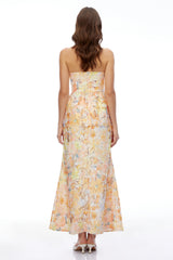 Celeste Orange Floral Strapless Peplum Maxi Dress