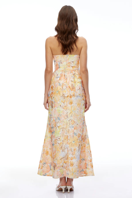 Celeste Orange Floral Strapless Peplum Maxi Dress