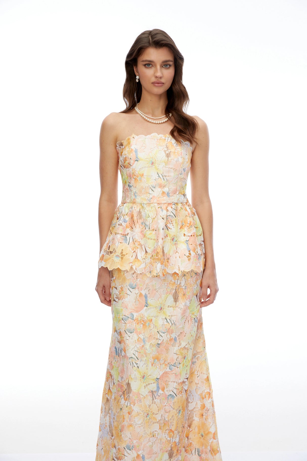 Celeste Orange Floral Strapless Peplum Maxi Dress