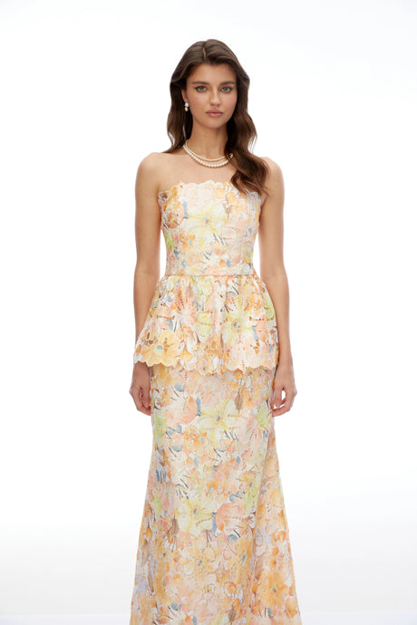 Celeste Orange Floral Strapless Peplum Maxi Dress