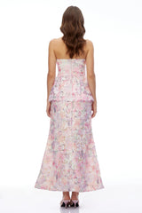 Céleste Pink Floral Strapless Peplum Maxi Dress