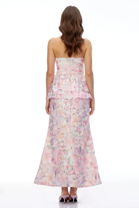 Céleste Pink Floral Strapless Peplum Maxi Dress