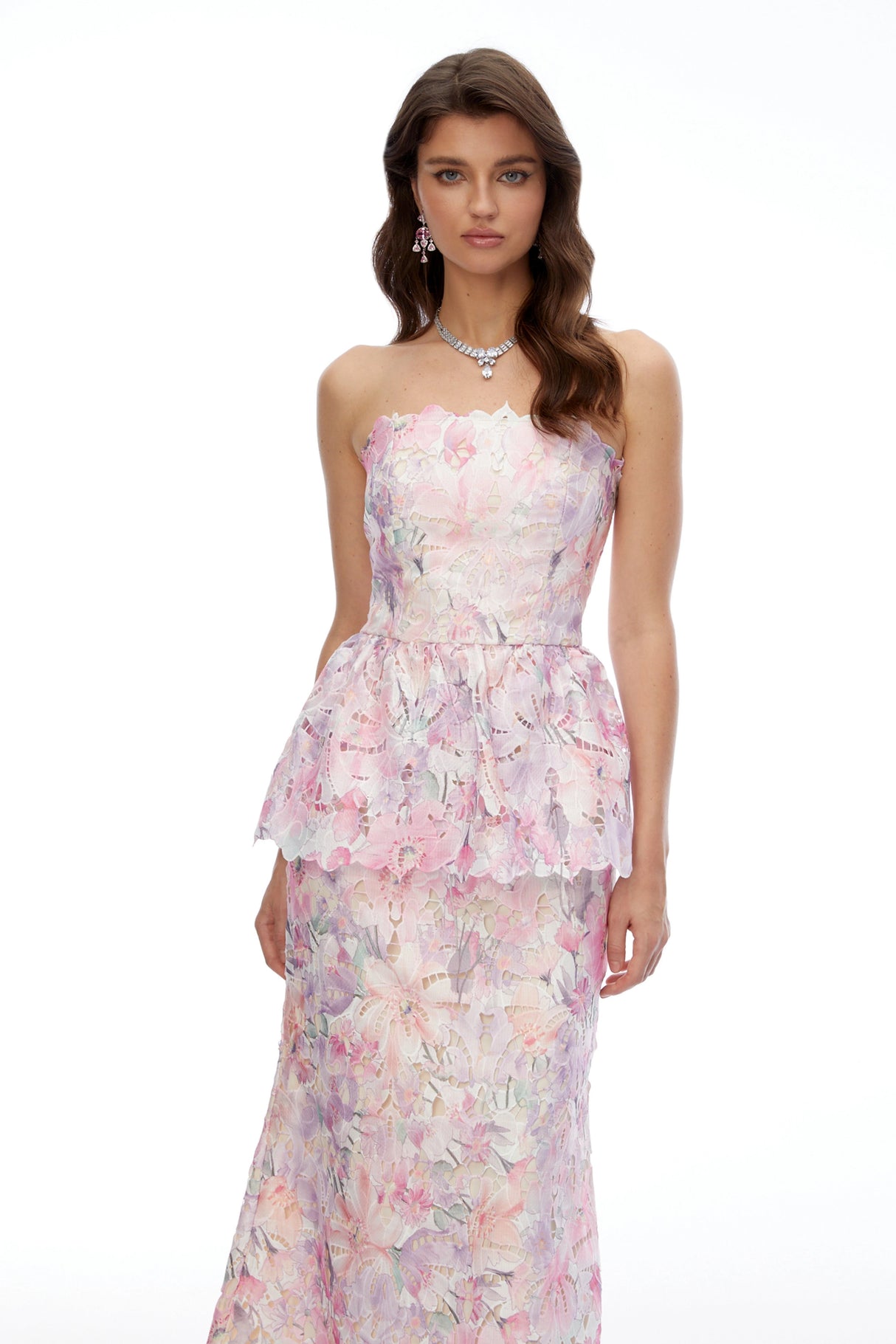 Céleste Pink Floral Strapless Peplum Maxi Dress