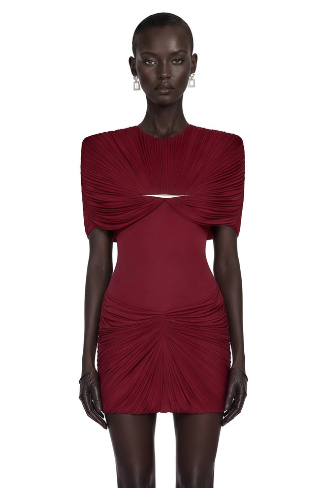Celeste Red Pleated Cape Mini Dress