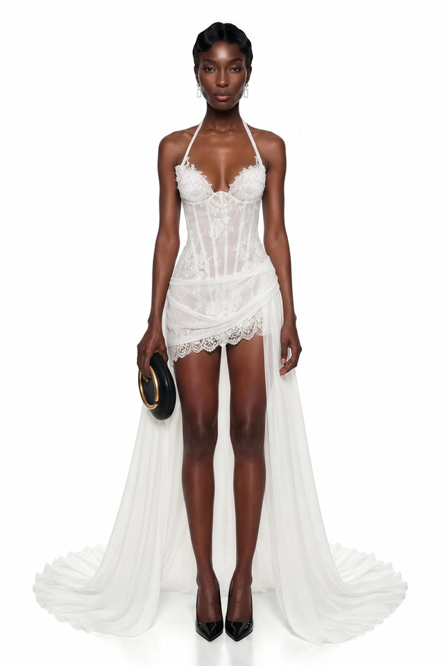 Céleste White Halterneck Floral Lace Mini Dress with Train