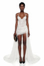 Céleste White Halterneck Floral Lace Mini Dress with Train