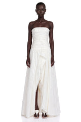 Celeste White Strapless Ruched Asymmetrical Maxi Dress