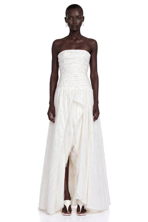 Celeste White Strapless Ruched Asymmetrical Maxi Dress