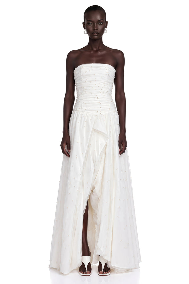 Celeste White Strapless Ruched Asymmetrical Maxi Dress