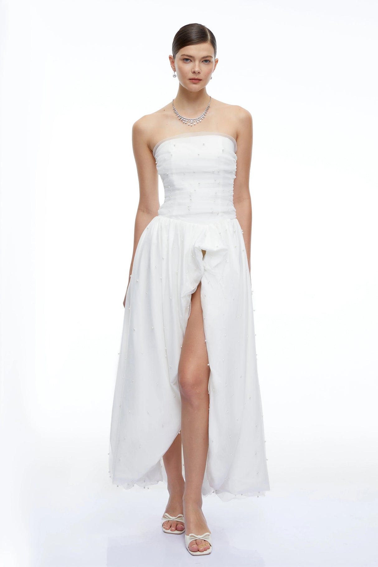 Celeste White Strapless Ruched Asymmetrical Maxi Dress