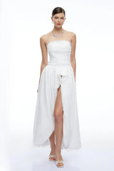 Celeste White Strapless Ruched Asymmetrical Maxi Dress