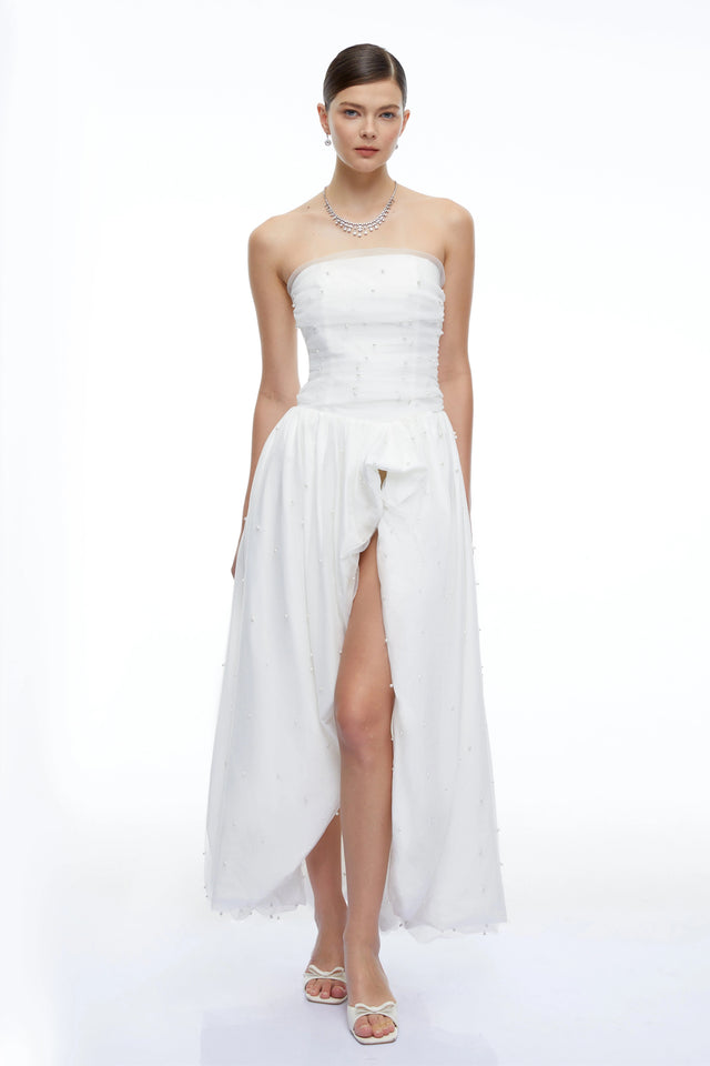 Celeste White Strapless Ruched Asymmetrical Maxi Dress