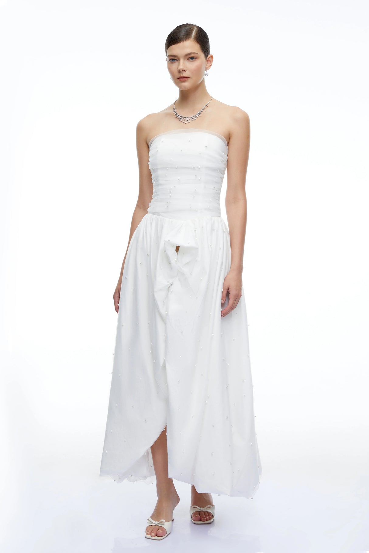 Celeste White Strapless Ruched Asymmetrical Maxi Dress