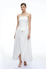 Celeste White Strapless Ruched Asymmetrical Maxi Dress