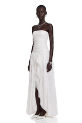 Celeste White Strapless Ruched Asymmetrical Maxi Dress