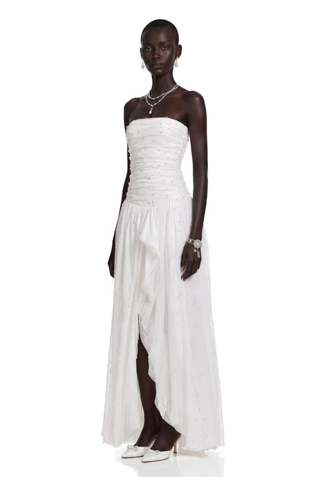 Celeste White Strapless Ruched Asymmetrical Maxi Dress