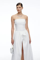 Celeste White Strapless Ruched Asymmetrical Maxi Dress