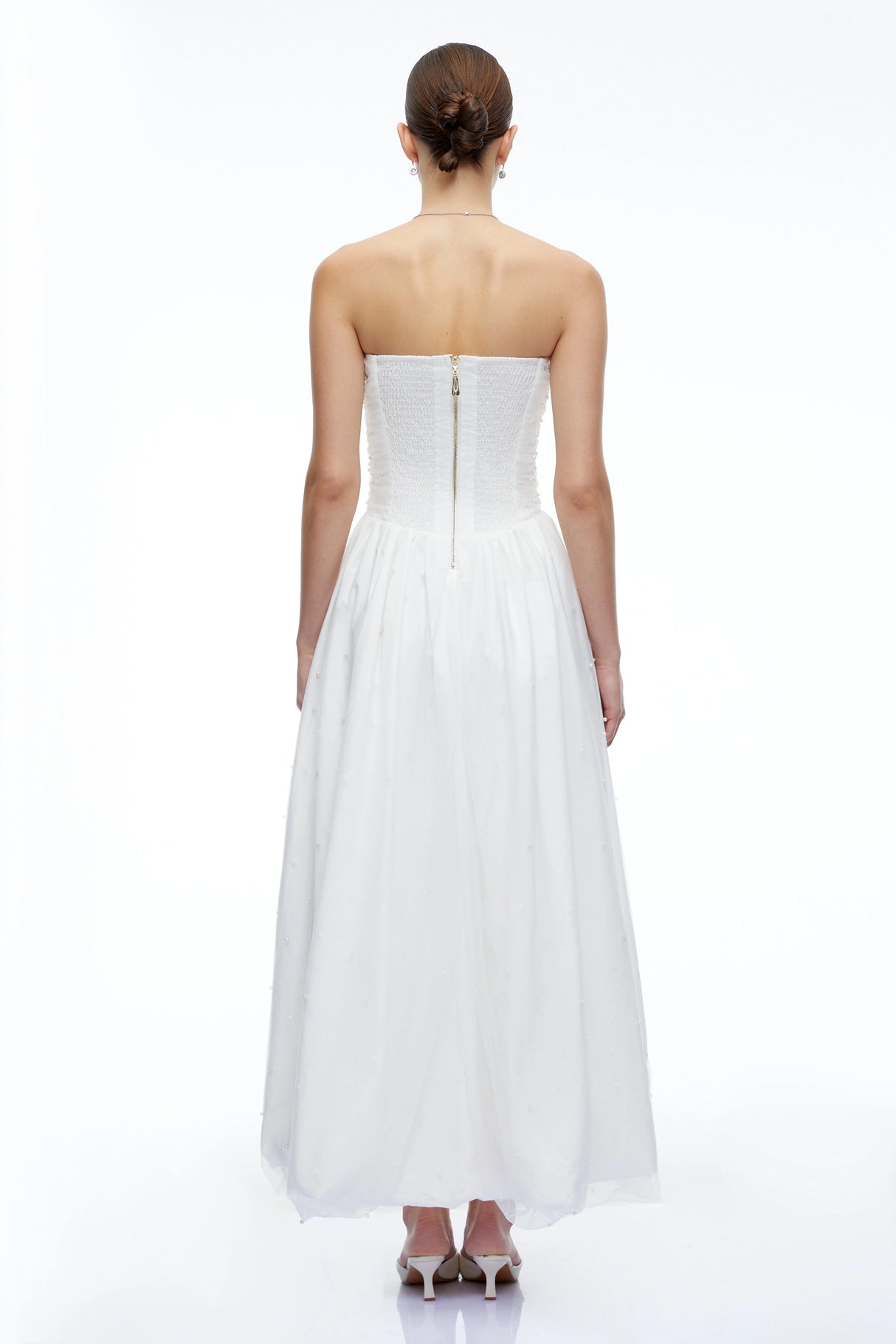 Celeste White Strapless Ruched Asymmetrical Maxi Dress
