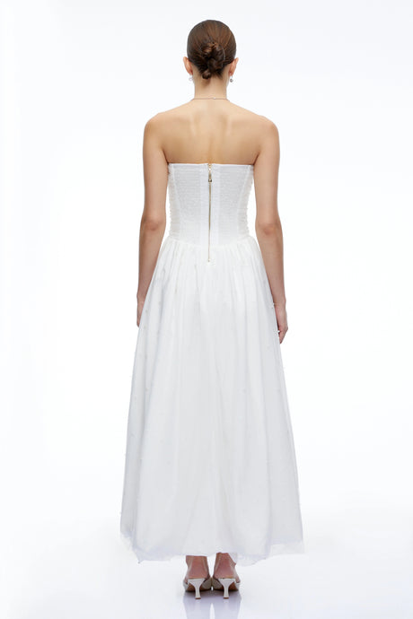 Celeste White Strapless Ruched Asymmetrical Maxi Dress