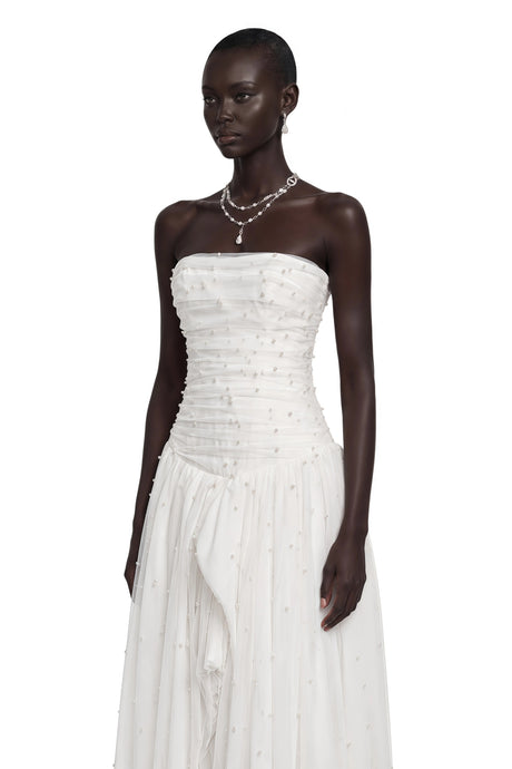 Celeste White Strapless Ruched Asymmetrical Maxi Dress