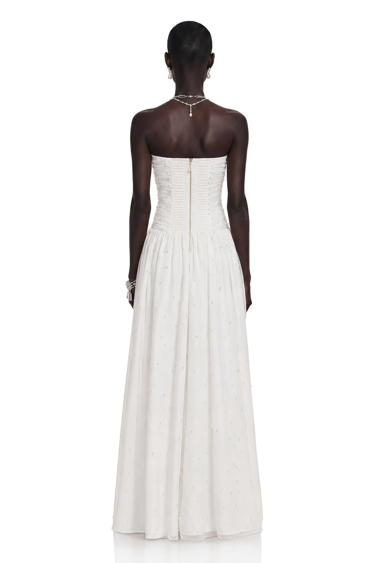 Celeste White Strapless Ruched Asymmetrical Maxi Dress