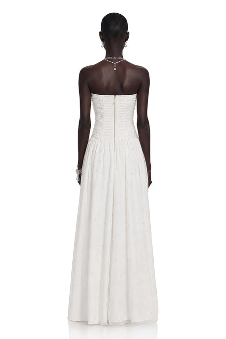 Celeste White Strapless Ruched Asymmetrical Maxi Dress