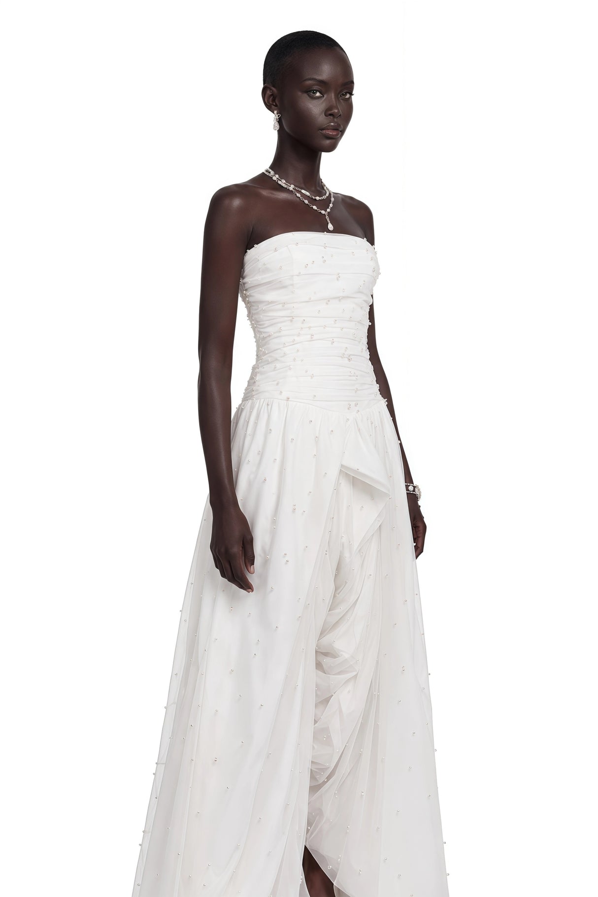 Celeste White Strapless Ruched Asymmetrical Maxi Dress