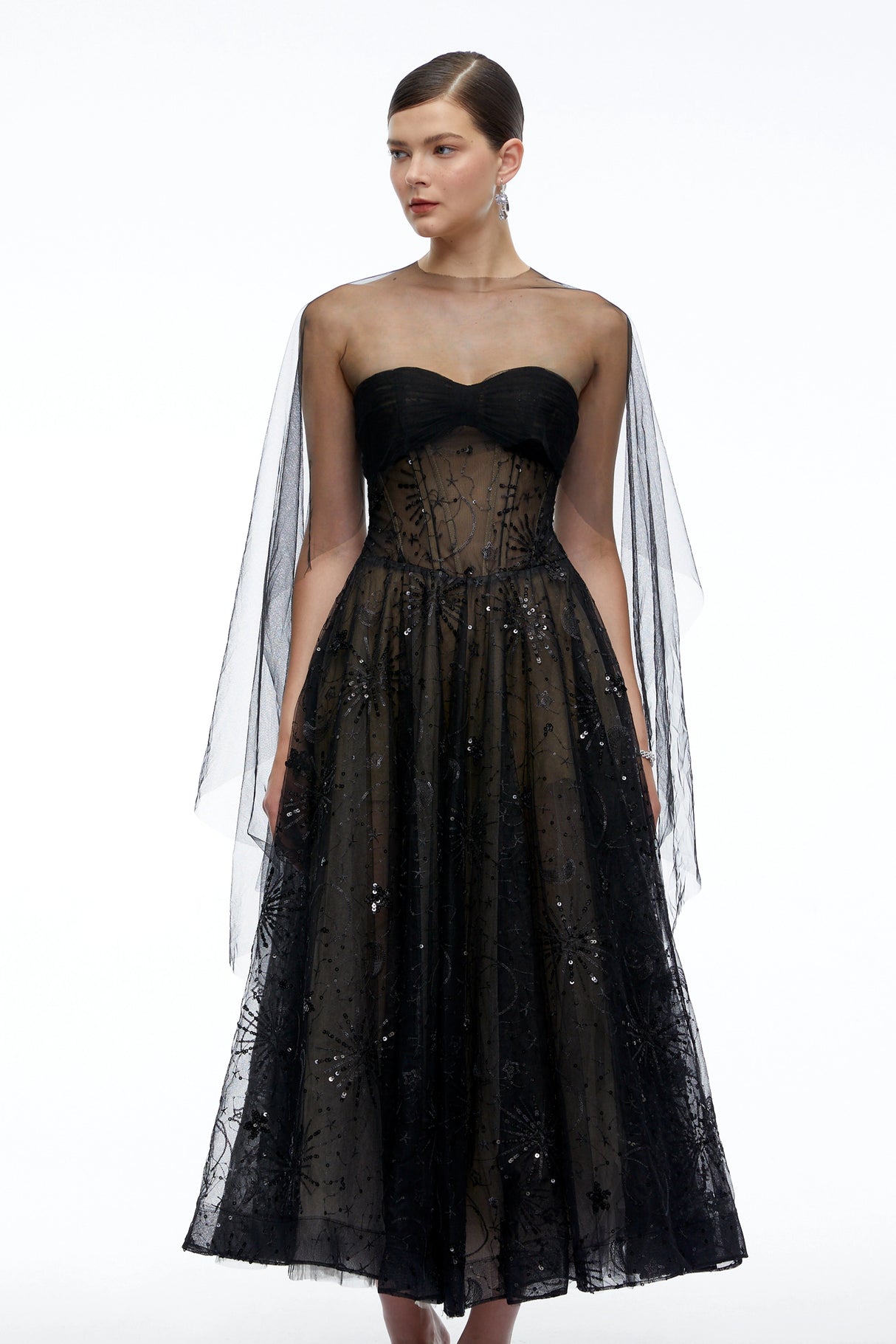 Celestine Black Strapless Corset Midi Dress with Shawl