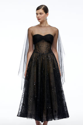 Celestine Black Strapless Corset Midi Dress with Shawl