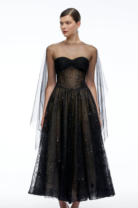 Celestine Black Strapless Corset Midi Dress with Shawl