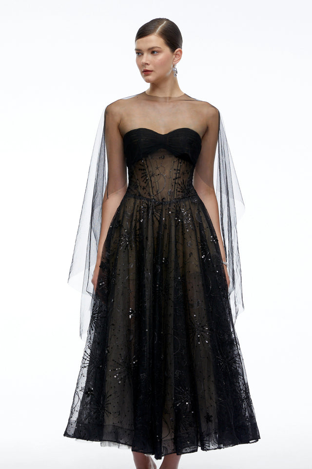 Celestine Black Strapless Corset Midi Dress with Shawl