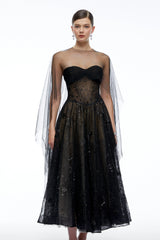 Celestine Black Strapless Corset Midi Dress with Shawl
