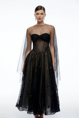 Celestine Black Strapless Corset Midi Dress with Shawl