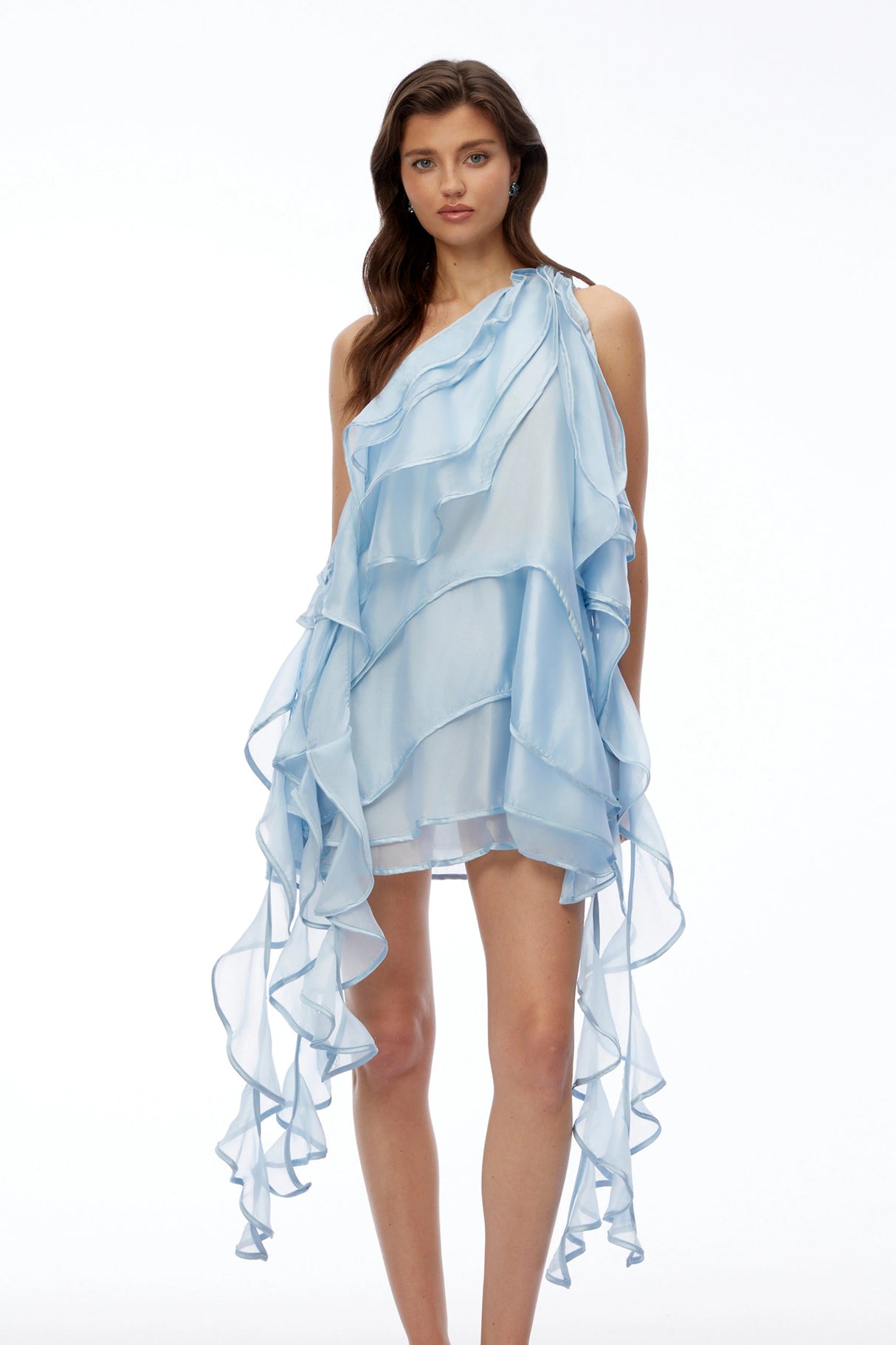Celestine Light Blue One Shoulder Tiered Mini Dress