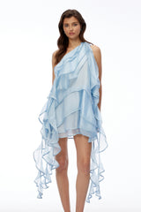 Celestine Light Blue One Shoulder Tiered Mini Dress