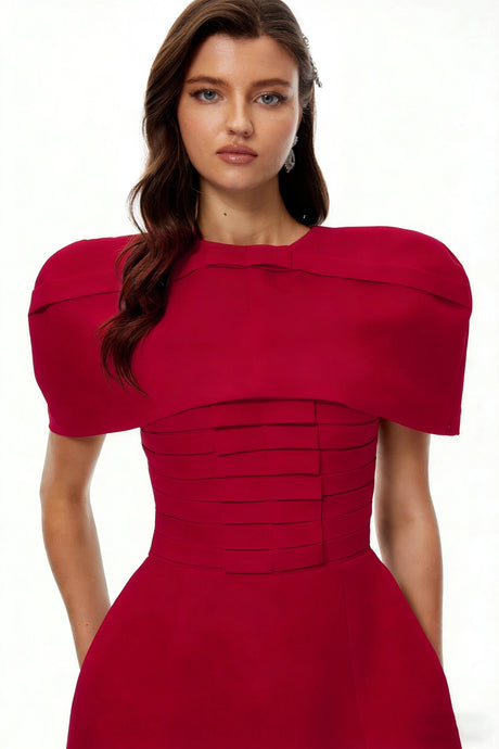 Celía Red Cape Design Flared Mini Dress