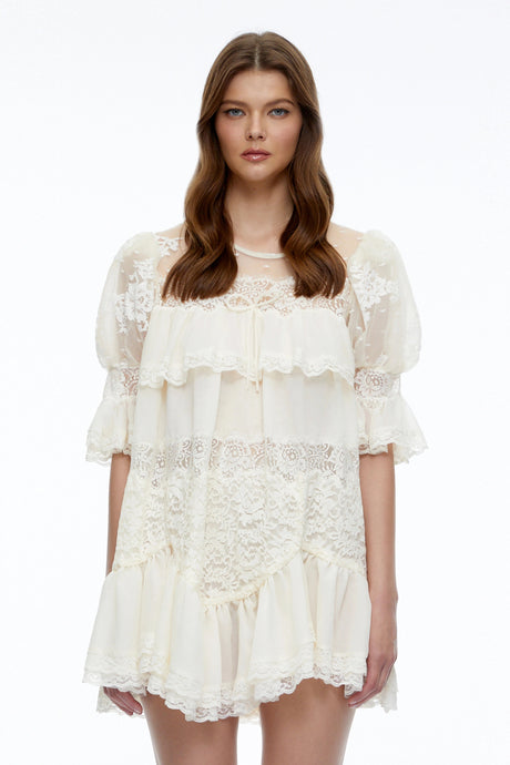 Celinda Cream Lace Ruffled Mini Dress