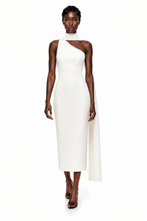 Cennet White One Shoulder Midi Dress with Cape