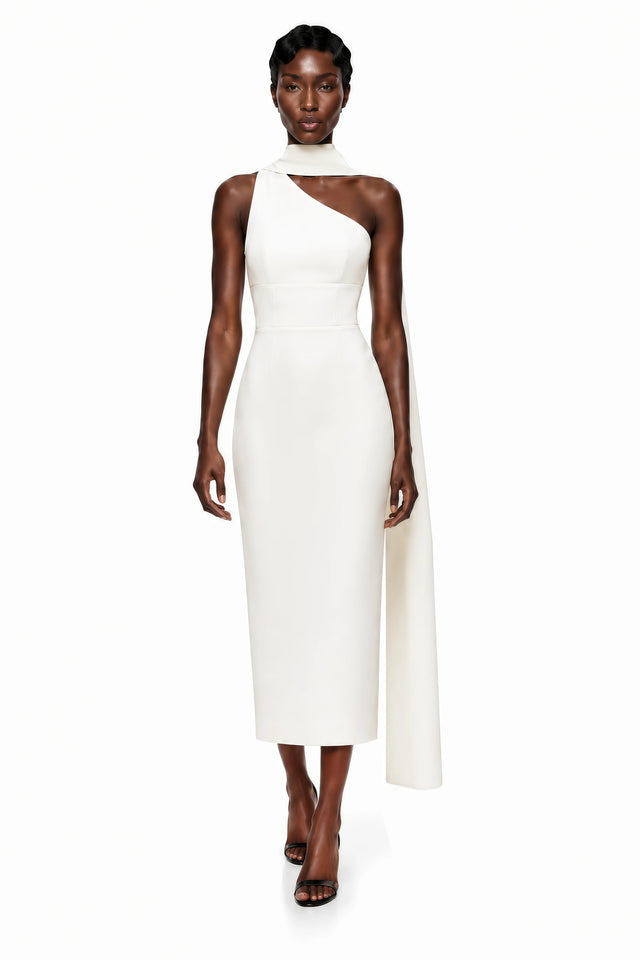 Cennet White One Shoulder Midi Dress with Cape