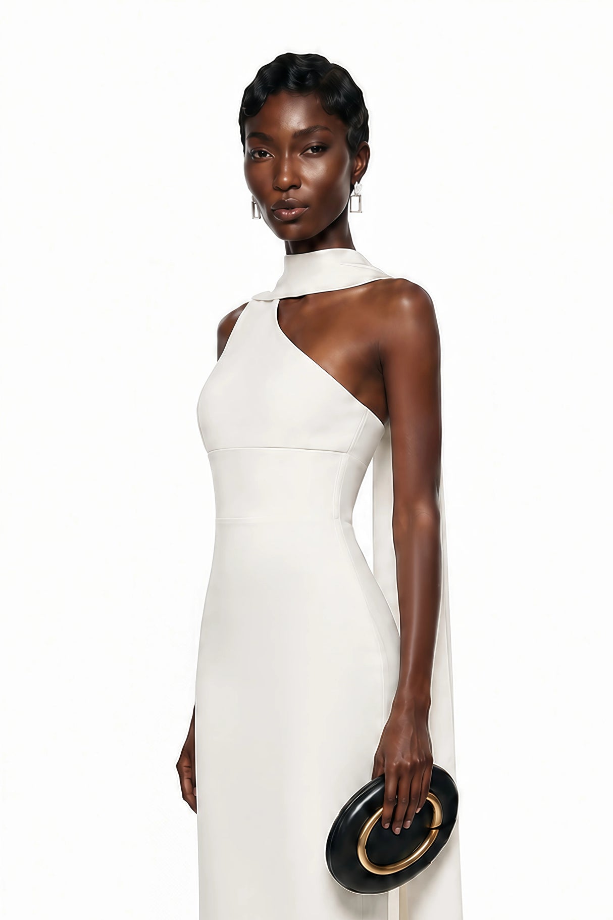 Cennet White One Shoulder Midi Dress with Cape