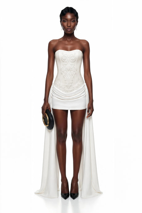 Ceren White Asymmetrical Floral Embroidered Mini Dress