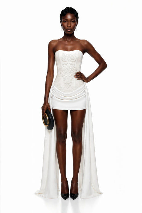 Ceren White Asymmetrical Floral Embroidered Mini Dress