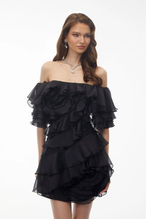 Cerise Asymmetrical Flounce Mini Dress in Black