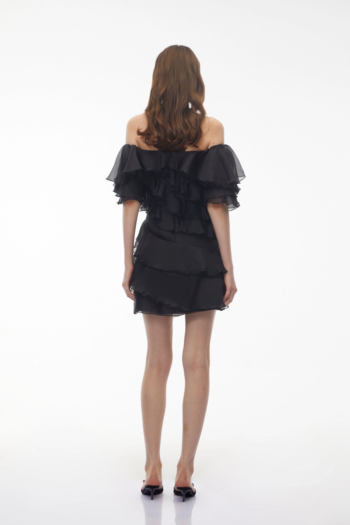Cerise Asymmetrical Flounce Mini Dress in Black