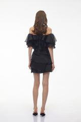 Cerise Asymmetrical Flounce Mini Dress in Black