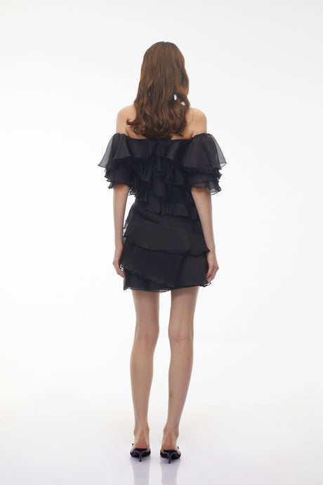 Cerise Asymmetrical Flounce Mini Dress in Black