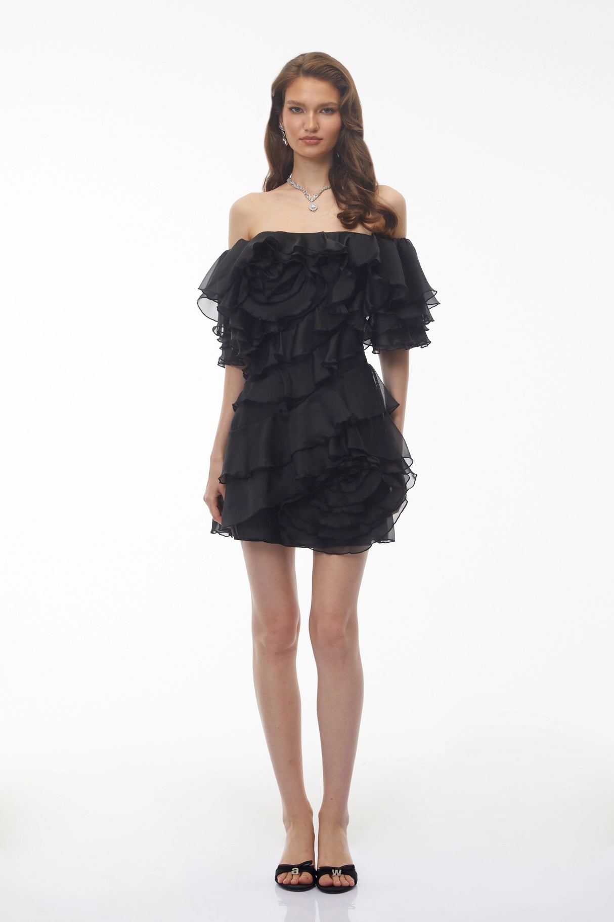 Cerise Asymmetrical Flounce Mini Dress in Black
