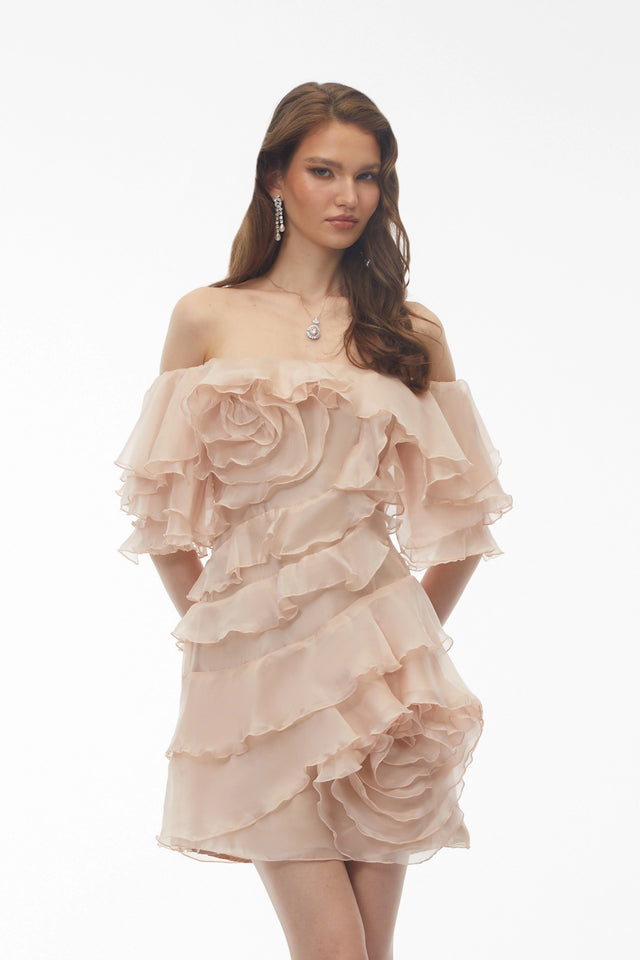 Cerise Asymmetrical Flounce Mini Dress in Neutrals