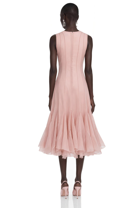 Cevher Pink Asymmetrical Midi Dress with Buttons